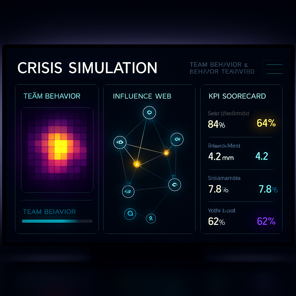 An intelligent dashboard displaying team behavior and decision analytics during a crisis simulation Includes a heat map influence web and KPI scorecard Key elements pulse or glow to suggest realtime data flow The environment is darkthemed with purple An intelligent dashboard displaying team behavior and decision analytics during a crisis simulation Includes a heat map influence web and KPI scorecard Key elements pulse or glow to suggest realtime data flow The environment is darkthemed with purple