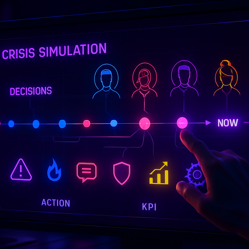 A highstakes digital simulation of a crisis unfolding in real time viewed on a sleek touchscreen interface Multiple stakeholders react simultaneously as colored decision markers move across a timeline The scene is dynamic and fastpaced with glowing i