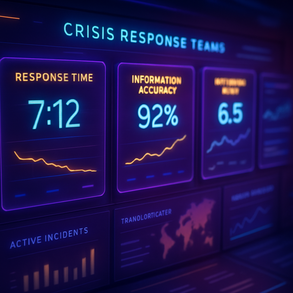 A stylized dashboard showing performance metrics of crisis response teams Data cards display KPIs like Response Time Information Accuracy and Influence Shift The interface looks immersive and analytical with purple gradients neon yellow and cyan high-1